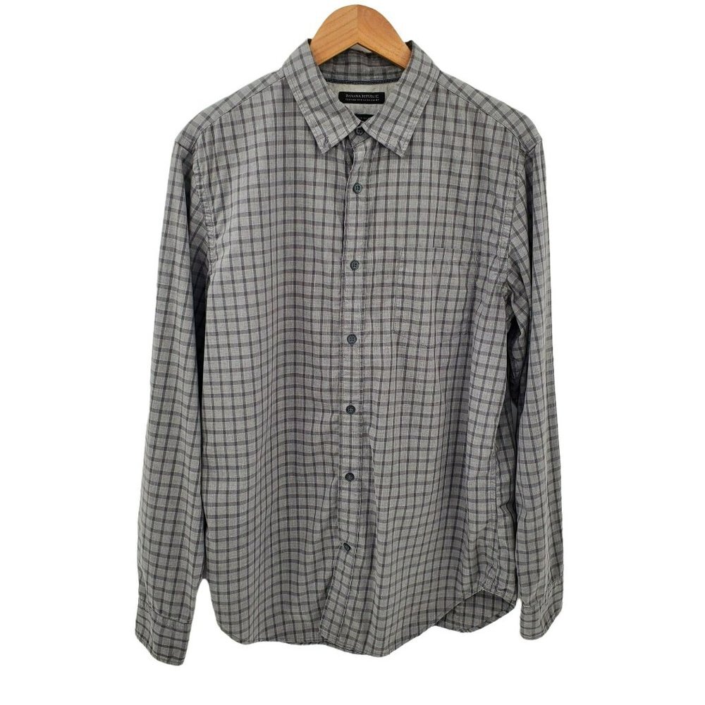Banana Republic Mens Gray‎ Tailored Slim Fit Plaid Button Down Shirt Sz L Cotton